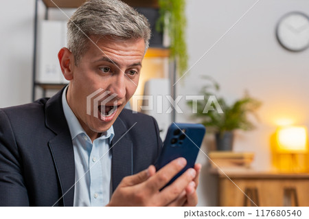 Happy amazed young Caucasian freelancer working on smartphone shocked by sudden victory at home 117680540