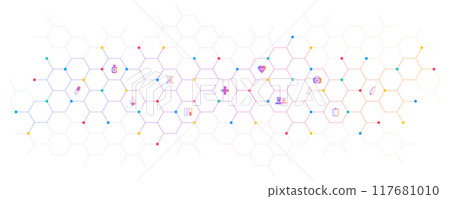 Medical background and healthcare technology with flat icons and symbols. Concept and idea for health care business, innovation medicine, health safety, science, medical research, and development. 117681010
