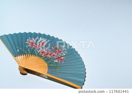 Japanese clothing accessory, folding fan, white background 117681441