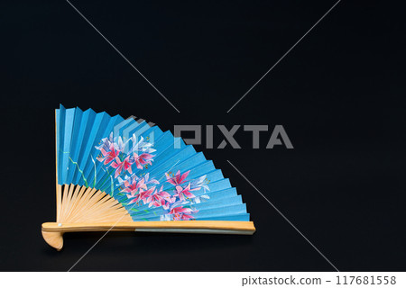 Japanese clothing accessory, folding fan, black background 117681558