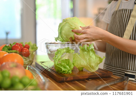 Cropped shot of woman sorting out fresh vegetables while preparing healthy vegan salad in kitchen 117681901