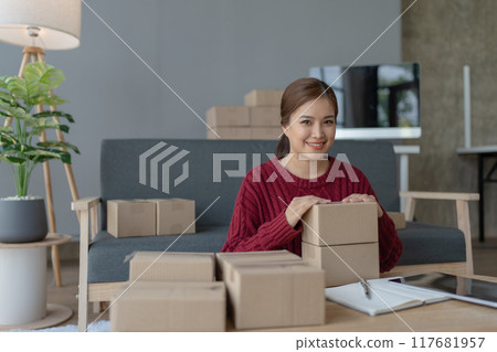 woman, online seller, efficiently manages customer orders and delivery through the e-commerce platform woman, online seller, efficiently manages customer orders and delivery through the e-commerce platform 117681957