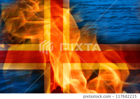 ire and destruction during Iceland's volcanic crisis, dramatic landscape with flames and lava. Iceland flag with flame and fire ire and destruction during Iceland's volcanic crisis, dramatic landscape with flames and lava. Iceland flag with flame and fire 117682215