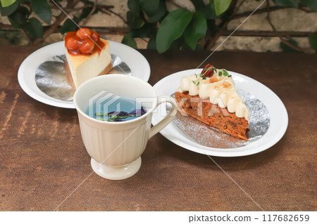butterfly pea tea and caramel macadamia cheesecake ,carrot cake butterfly pea tea and caramel macadamia cheesecake ,carrot cake 117682659