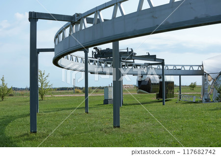 String-rail speed road. Modern technologies, transportation of future. Alternative transportation. Experimental site in Belarus. String-rail speed road. Modern technologies, transportation of future. Alternative transportation. Experimental site in Belarus. 117682742