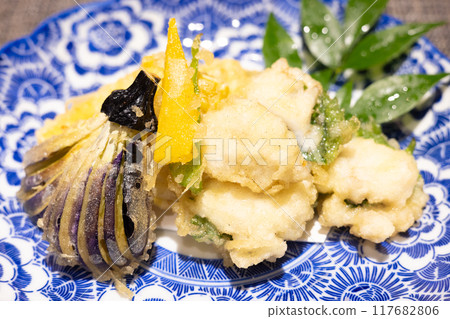 Delicious conger eel, corn and eggplant tempura Delicious conger eel, corn and eggplant tempura 117682806
