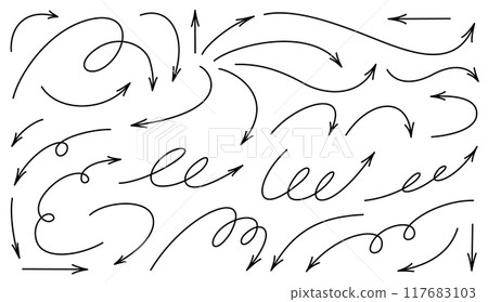 Thin editable outline arrows set. Sketch doodle style black line design elements isolated on white background. 117683103