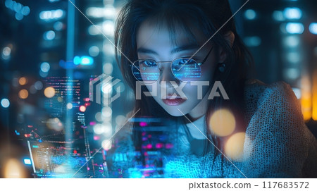 A student is learning online using a computer. The concept highlights the role of education technology in modern learning. Generative AI. 117683572