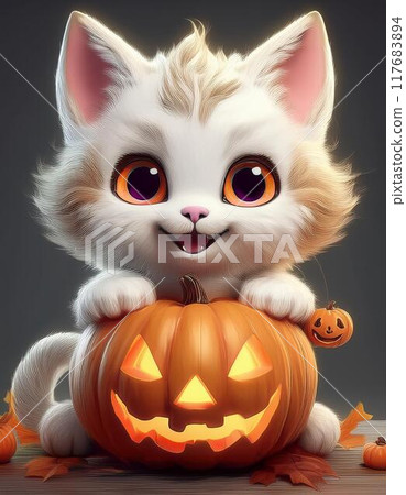 Cat and Jack O'Lantern 117683894
