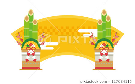 New Year's background material with illustrations of Kadomatsu, Japanese-style clouds, and a yellow fan-shaped frame 117684115