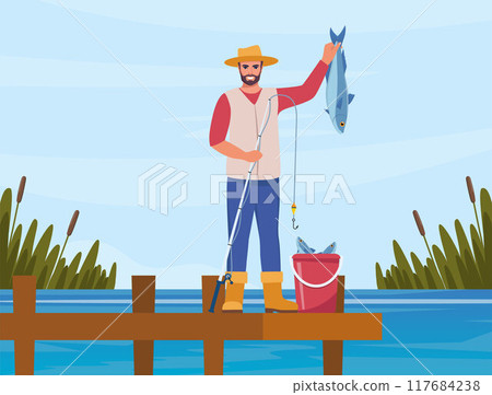 Man fishing. Fisherman at lake or river. Man in vest and hat. Guy catching a fish. Outdoor recreation, leisure time. Vector illustration. 117684238