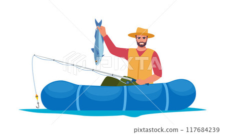 Man fishing. Fisherman at lake or river. Man in vest and hat. Guy in rubber boat catching a fish. Outdoor recreation, leisure time. Vector illustration. Man fishing. Fisherman at lake or river. Man in vest and hat. Guy in rubber boat catching a fish. Outdoor recreation, leisure time. Vector illustration. 117684239