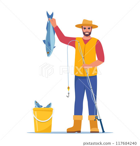 Man fishing. Fisherman with fishing rod and fish. Man in vest and hat. Guy catching a fish. Outdoor recreation, leisure time. Vector illustration. 117684240