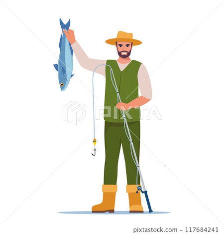 Man fishing. Fisherman with fishing rod and fish. Man in vest and hat. Guy catching a fish. Outdoor recreation, leisure time. Vector illustration. Man fishing. Fisherman with fishing rod and fish. Man in vest and hat. Guy catching a fish. Outdoor recreation, leisure time. Vector illustration. 117684241