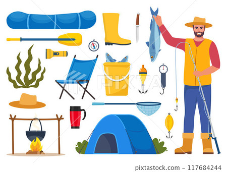 Fisherman and Equipment for fishing. Fishing rod, float, inflatable rubber boat, landing net, fishers clothes, hook, fish, hat, flashlight, boots. Outdoor activity, recreation, hobby. Vector. 117684244