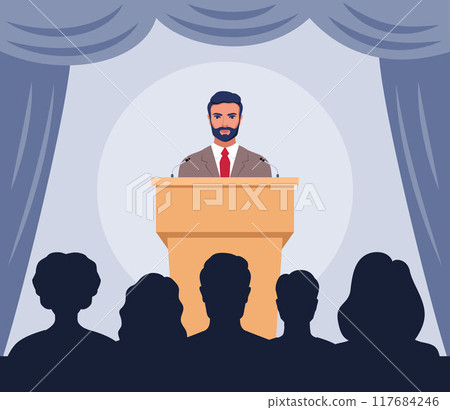 Confident man behind podium during stage speech. Speaker talking in front of the audience. Public speaking. Spokesman before crowd of people. Vector illustration. 117684246