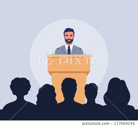 Confident man behind podium during stage speech. Speaker talking in front of the audience. Public speaking. Spokesman before crowd of people. Vector illustration. 117684248
