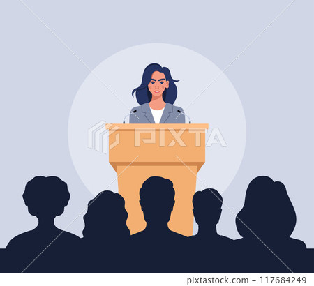 Confident woman behind podium during stage speech. Speaker talking in front of the audience. Public speaking. Spokeswoman before crowd of people. Vector illustration. Confident woman behind podium during stage speech. Speaker talking in front of the audience. Public speaking. Spokeswoman before crowd of people. Vector illustration. 117684249