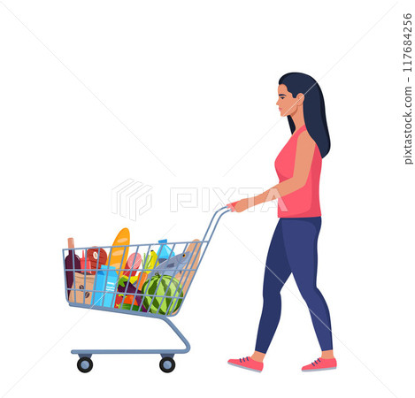 Woman with a shopping cart full of goods. Cheerful female buys food in grocery store. Supermarket trolley. Vector illustration. Woman with a shopping cart full of goods. Cheerful female buys food in grocery store. Supermarket trolley. Vector illustration. 117684256