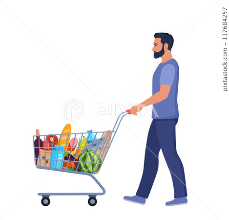 Man with a shopping cart full of goods. Cheerful male buys food in grocery store. Supermarket trolley. Vector illustration. Man with a shopping cart full of goods. Cheerful male buys food in grocery store. Supermarket trolley. Vector illustration. 117684257