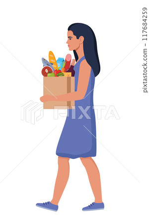 Woman going with paper bag of groceries. A girl buying food, vegetables, bread. Grocery shopping. Vector illustration. 117684259