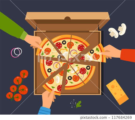 People hands taking triangle pizza slices from box on table. Top view of Italian fast food at corporate party. Hungry friends eating fast food together. Vector illustration. People hands taking triangle pizza slices from box on table. Top view of Italian fast food at corporate party. Hungry friends eating fast food together. Vector illustration. 117684269