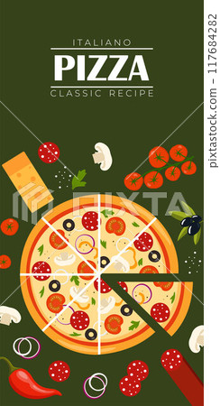 Pizza Flyer Design Template. Cooking, cafe and restaurant menu, food ordering, junk food. Vector illustration for banner, poster, flyer, cover, menu, brochure. Pizza Flyer Design Template. Cooking, cafe and restaurant menu, food ordering, junk food. Vector illustration for banner, poster, flyer, cover, menu, brochure. 117684282