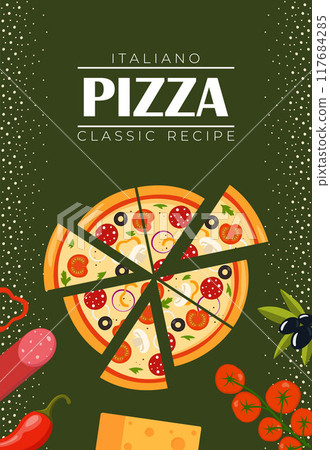 Pizza Flyer Design Template. Cooking, cafe and restaurant menu, food ordering, junk food. Vector illustration for banner, poster, flyer, cover, menu, brochure. Pizza Flyer Design Template. Cooking, cafe and restaurant menu, food ordering, junk food. Vector illustration for banner, poster, flyer, cover, menu, brochure. 117684285