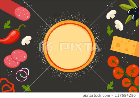 Fresh round pizza and ingredients around on dark background. Pizza with tomato, cheese, olive, sausage, onion, pepper. Traditional Italian fast food. Top view meal. Vector illustration. Fresh round pizza and ingredients around on dark background. Pizza with tomato, cheese, olive, sausage, onion, pepper. Traditional Italian fast food. Top view meal. Vector illustration. 117684286