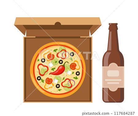 Fresh round pizza and bottle of beer. Pizza with tomato, cheese, olive, pepper, onion, basil in open cardboard box. Vector illustration. 117684287