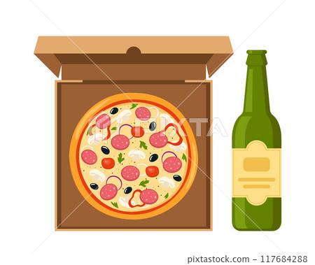 Fresh round pizza and bottle of beer. Pizza with tomato, cheese, olive, pepper, onion, basil in open cardboard box. Vector illustration. Fresh round pizza and bottle of beer. Pizza with tomato, cheese, olive, pepper, onion, basil in open cardboard box. Vector illustration. 117684288