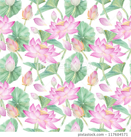 Seamless pattern with watercolor flowers lotuses lotuses, buds and leaves. Watercolor illustration, hand drawn lotuses for design Seamless pattern with watercolor flowers lotuses lotuses, buds and leaves. Watercolor illustration, hand drawn lotuses for design 117684571