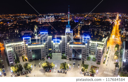 Aerial night illuminated Derzhprom landmark Aerial night illuminated Derzhprom landmark 117684584