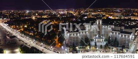 Aerial Freedom Square in night Kharkiv city 117684591