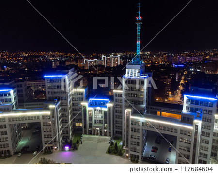 Aerial night illuminated Derzhprom building view Aerial night illuminated Derzhprom building view 117684604