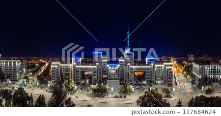 Aerial night illuminated Derzhprom building pano Aerial night illuminated Derzhprom building pano 117684624