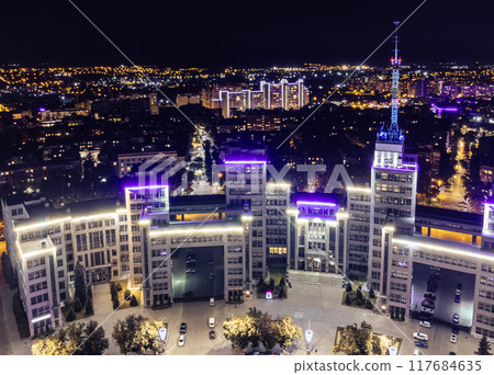 Aerial night illuminated Derzhprom building view Aerial night illuminated Derzhprom building view 117684635