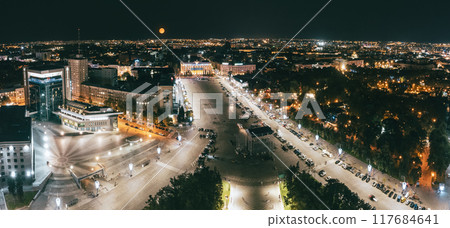 Aerial Freedom Square in night Kharkiv city center Aerial Freedom Square in night Kharkiv city center 117684641