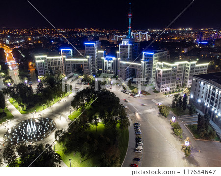 Aerial night illuminated Derzhprom building view 117684647