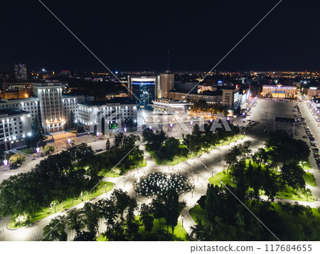Aerial Freedom Square in night Kharkiv city Aerial Freedom Square in night Kharkiv city 117684655