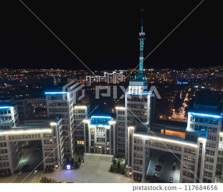 Aerial night illuminated Derzhprom building view Aerial night illuminated Derzhprom building view 117684656