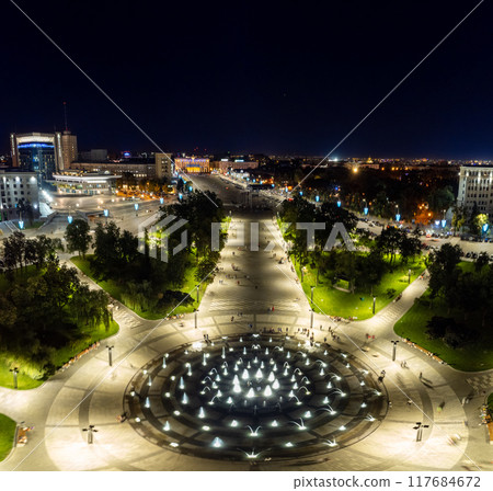 Aerial fountain on Freedom Square in night Kharkiv Aerial fountain on Freedom Square in night Kharkiv 117684672