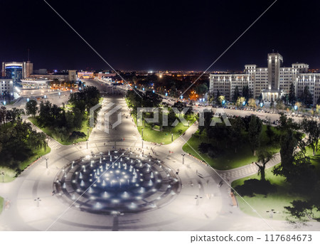 Aerial Freedom Square in night Kharkiv city Aerial Freedom Square in night Kharkiv city 117684673