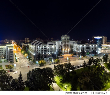 Aerial night illuminated building in Kharkiv city Aerial night illuminated building in Kharkiv city 117684674