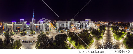 Kharkiv city night aerial Freedom Square panorama Kharkiv city night aerial Freedom Square panorama 117684680