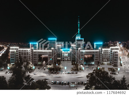 Night illuminated Derzhprom building panorama Night illuminated Derzhprom building panorama 117684692
