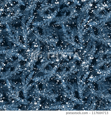 Watercolor seamless pattern with fir tree branches. Blue Christmas background Watercolor seamless pattern with fir tree branches. Blue Christmas background 117684713