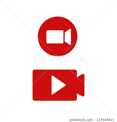 Red video icons designs. Simple camera and play button symbol in vibrant red Red video icons designs. Simple camera and play button symbol in vibrant red 117684911
