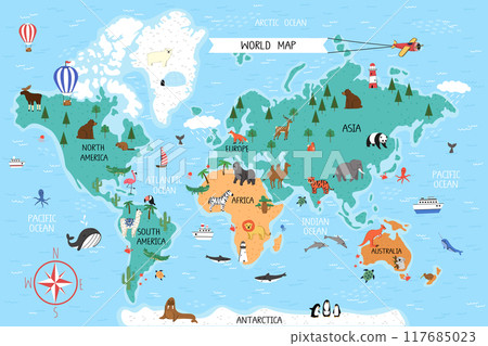 Fun world map with continents, animals, ships, hot air balloons and airplane. 117685023