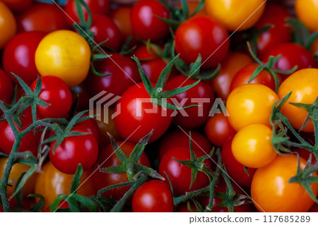Red and yellow cherry tomatoes. Harvest vegetables. Tomato food Red and yellow cherry tomatoes. Harvest vegetables. Tomato food 117685289